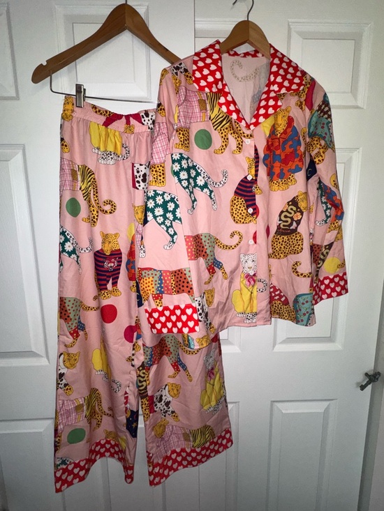 null Other - Whimsical Leopard Print Pajama Set | Pink Novelty Cats Hearts Lounge Set M
